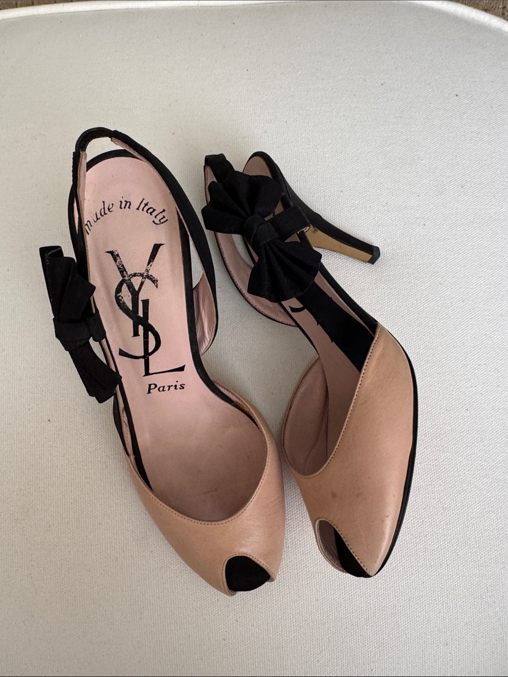 VTG Yves Saint Laurent Y2K Powder Pink Blush Leather Black Bow Peep Toe Heels
